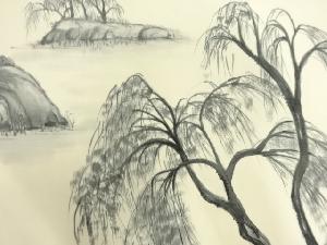 アンティーク　塩瀬手描き柳風景模様名古屋帯